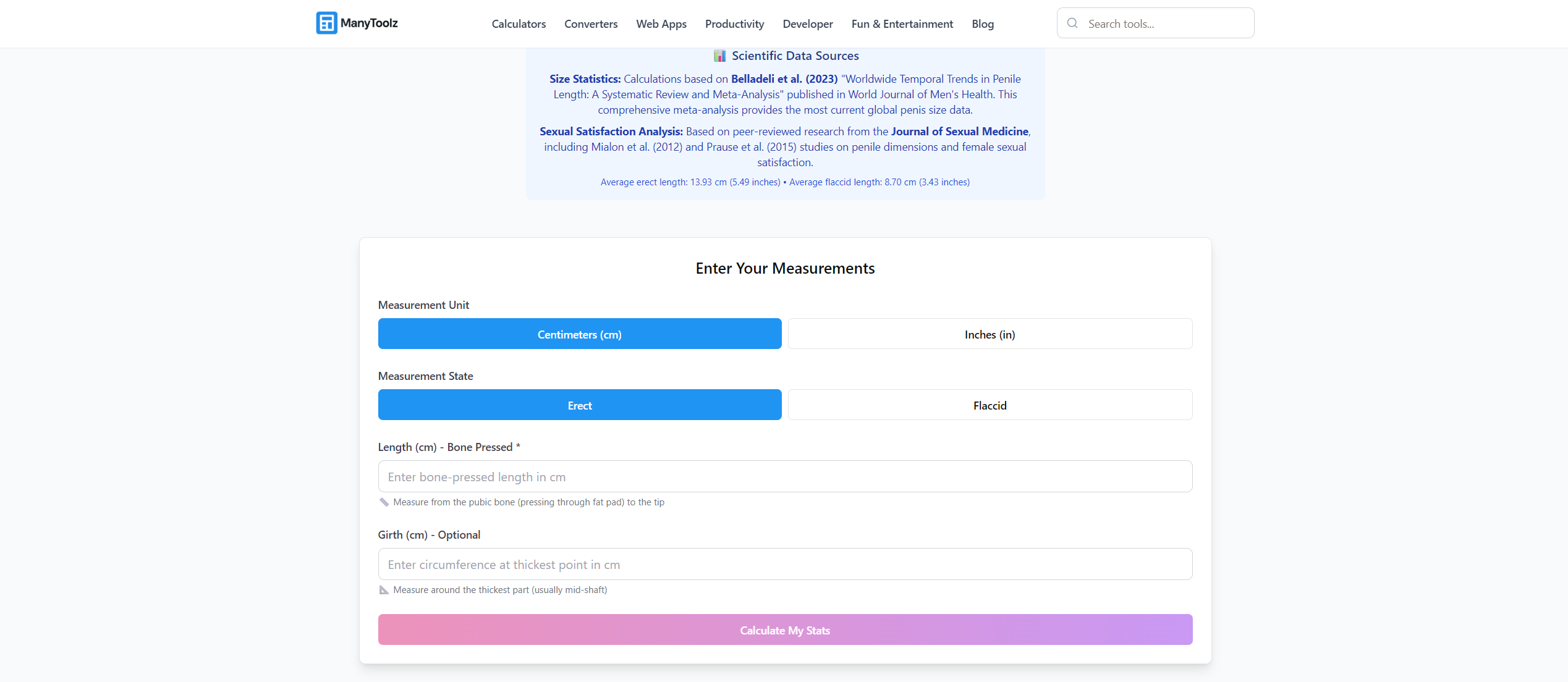 ManyToolz Calculator Interface - Clean scientific approach with detailed methodology